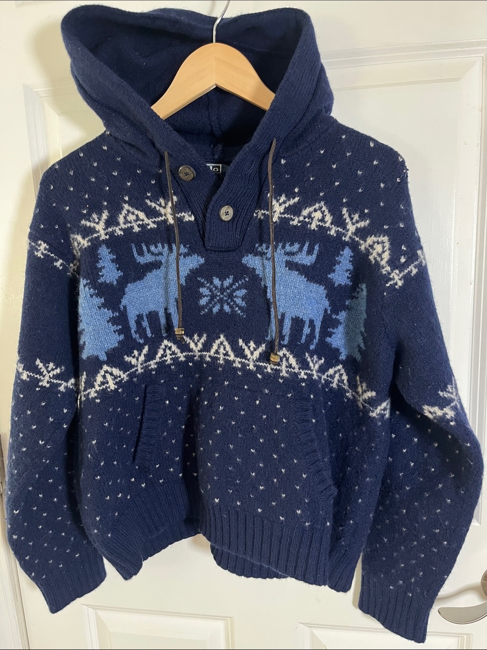 Vintage Ralph, Lauren, 100% wool knit sweater, hood, Kids XXL, navy blue moose